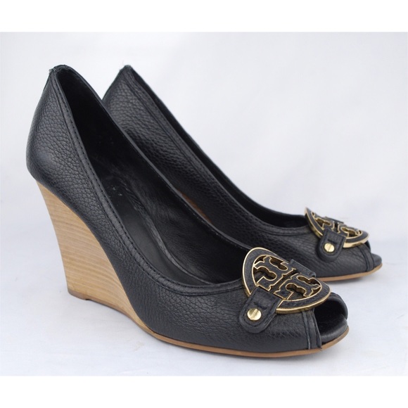 Tory Burch Shoes - Tory Burch Pebbled Leather PeepToe HighHeel Wedges